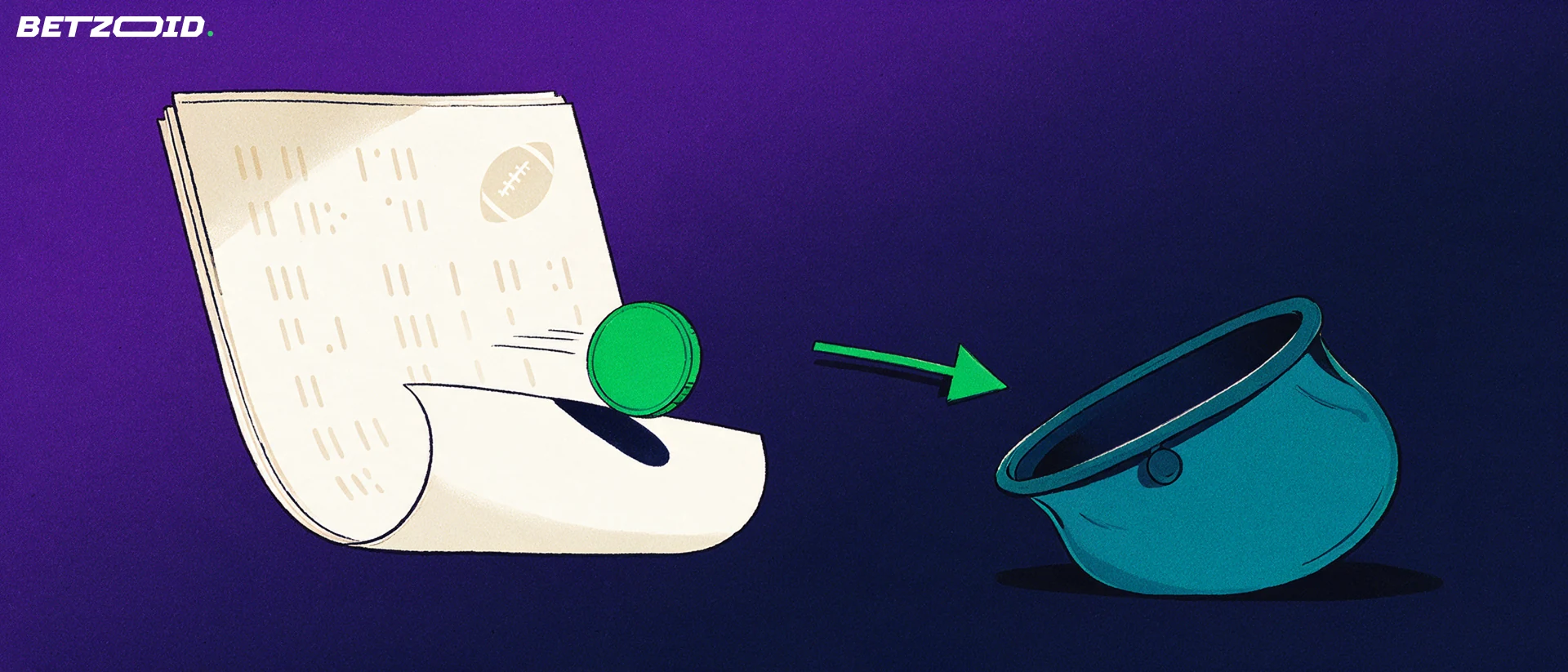 Illustration of a folded betting slip forming a ramp down which a single coin rolls into an open purse, with an arrow marking the payout path.