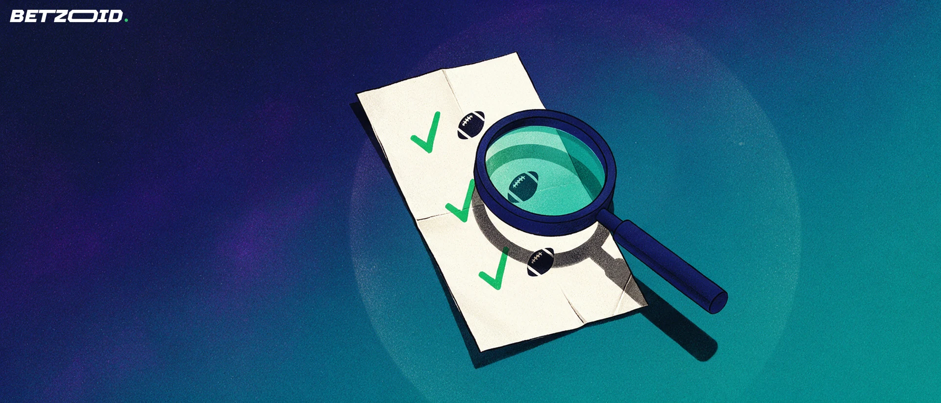 Illustration of a magnifying glass inspecting a paper betting slip marked with green checkmarks and small football symbols.