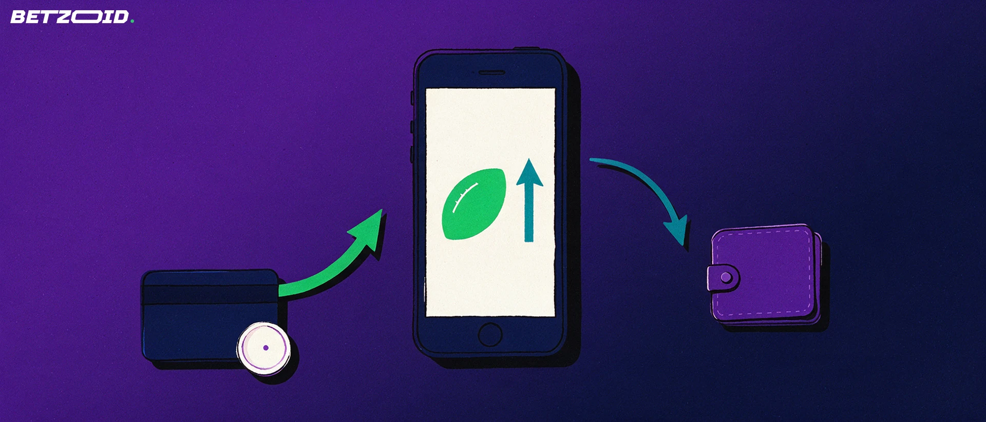 Illustration of a smartphone with a football symbol on its screen, connected by arrows to a payment card, a coin and a wallet.