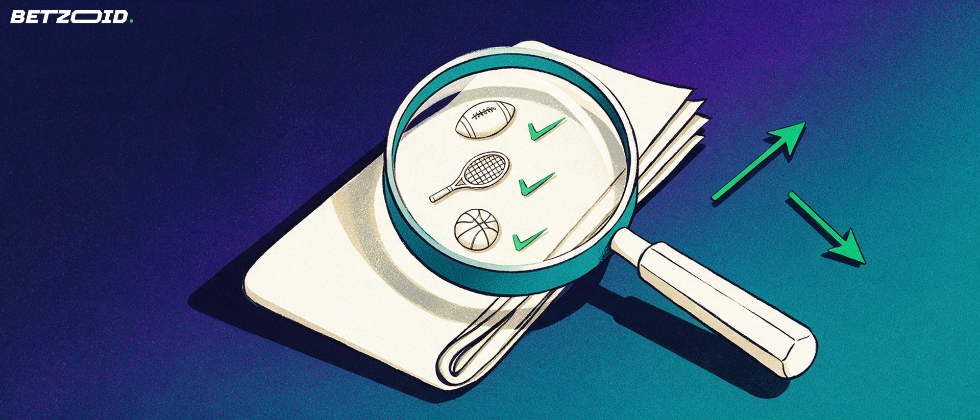 Illustration of a large magnifying glass examining a folded sports betting coupon showing football, tennis and basketball symbols with up and down arrows.