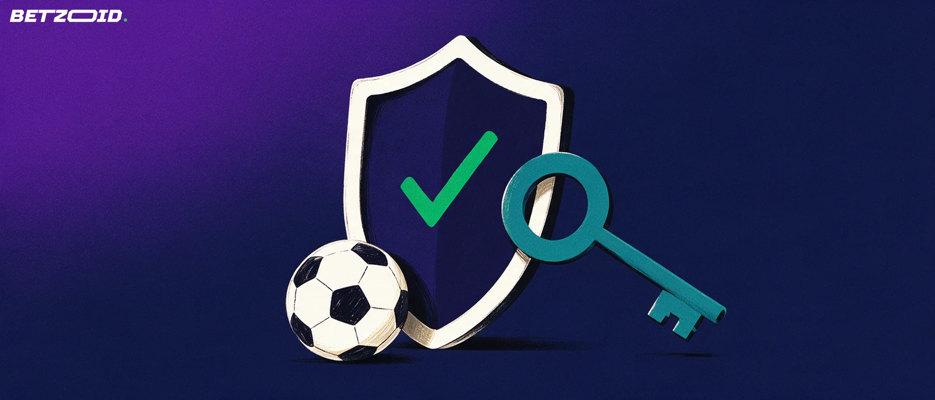 Illustration of a navy shield with a green tick standing beside a football and a large key, symbolising safe sports betting accounts.