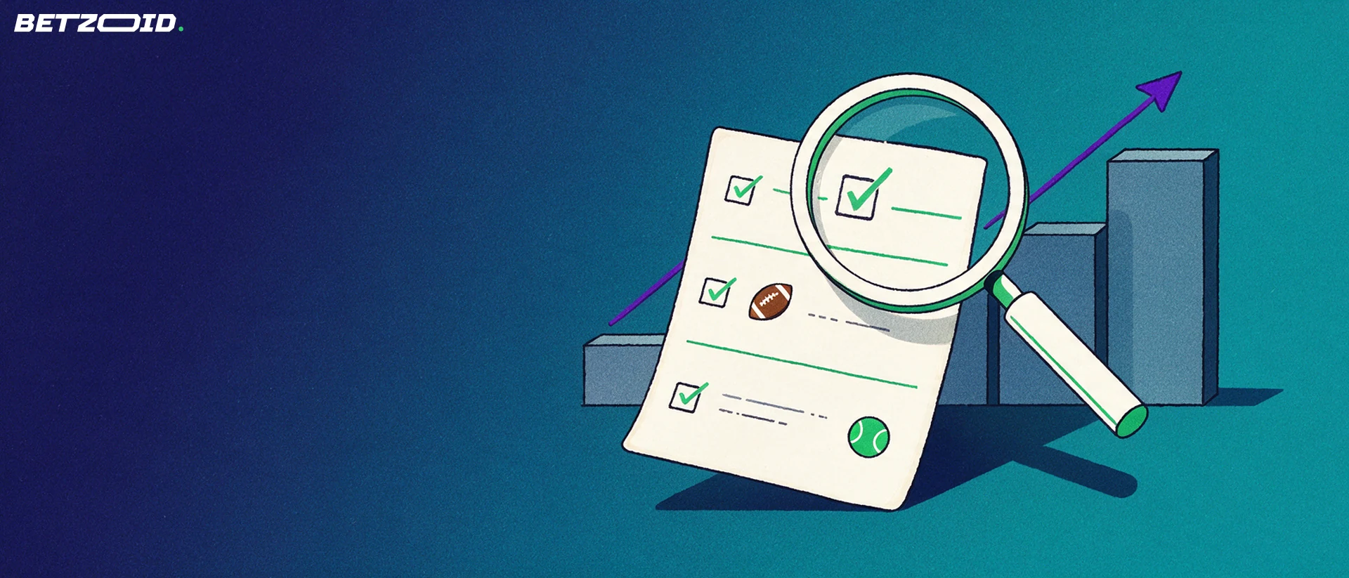 Illustration of a magnifying glass inspecting a betting slip marked with football and tennis symbols beside rising stepped bars and an arrow.