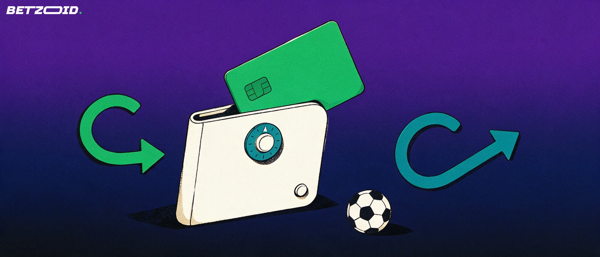 Illustration of a payment card sliding into a wallet-safe with two looping arrows showing money in and out, and a small football nearby.