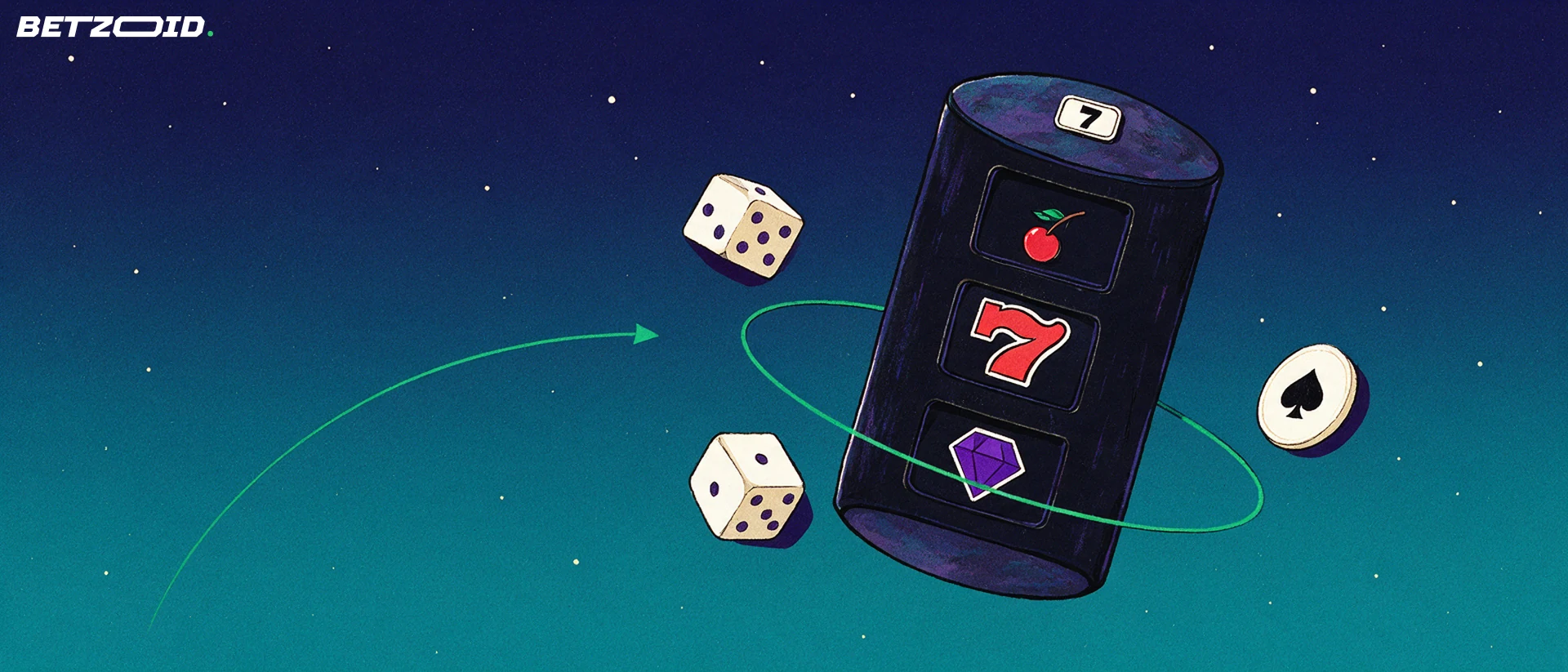 Illustration of a slot machine reel drawn as a planet with dice and a spade token orbiting it on a ring.