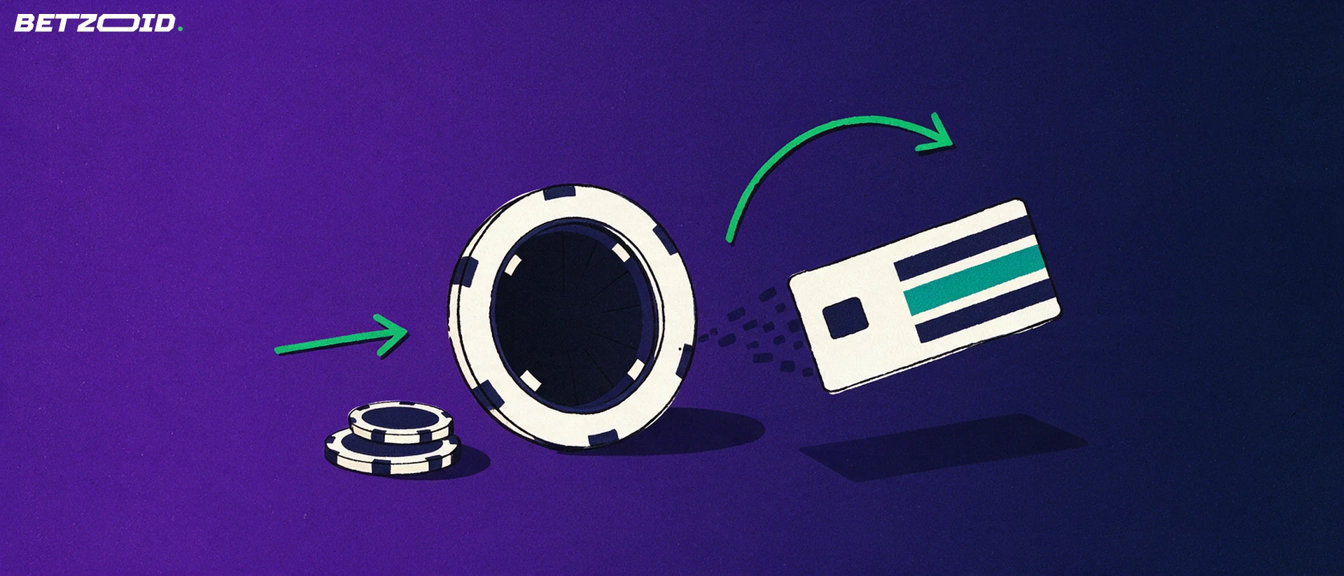 Illustration of a blank bank card docking into a casino chip shaped like an airlock hatch, with arrows showing money moving in and out.