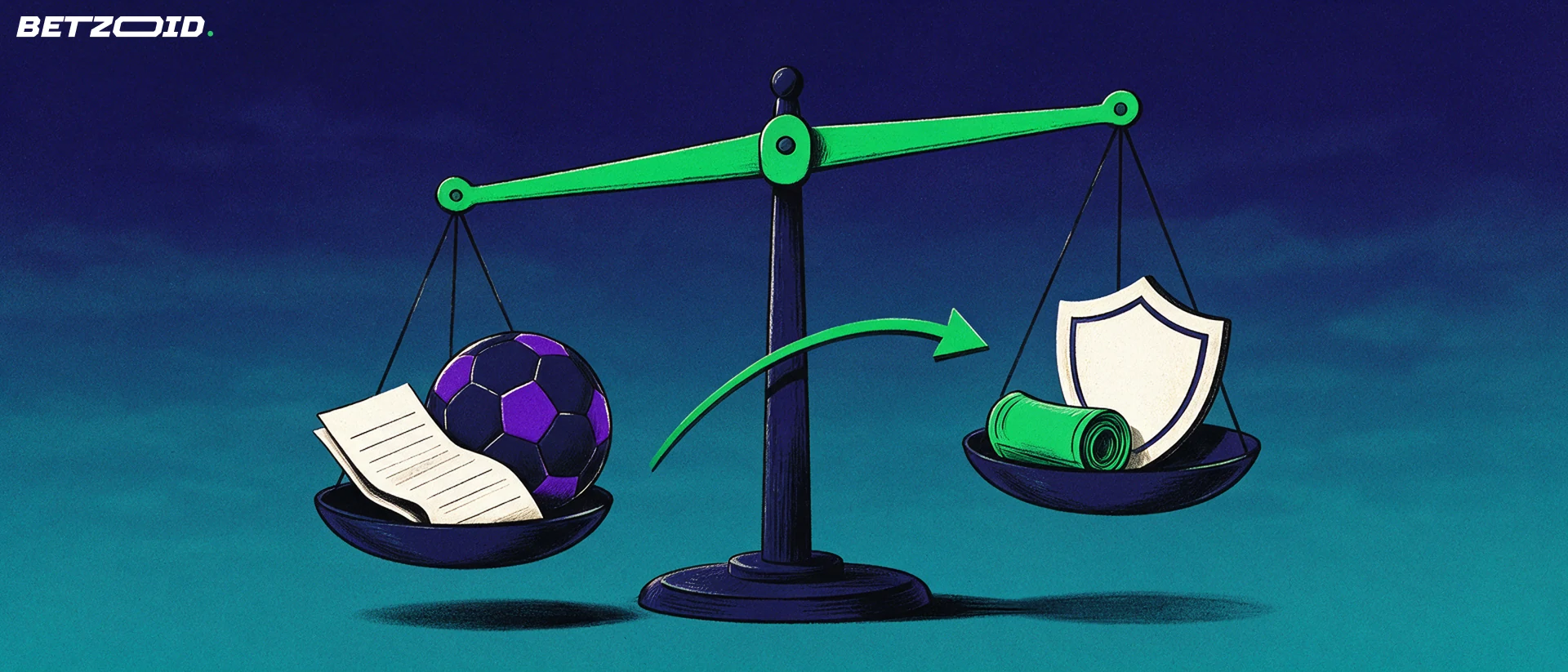 Illustration of a balance scale weighing a football and betting slip against a rolled banknote and a shield symbol