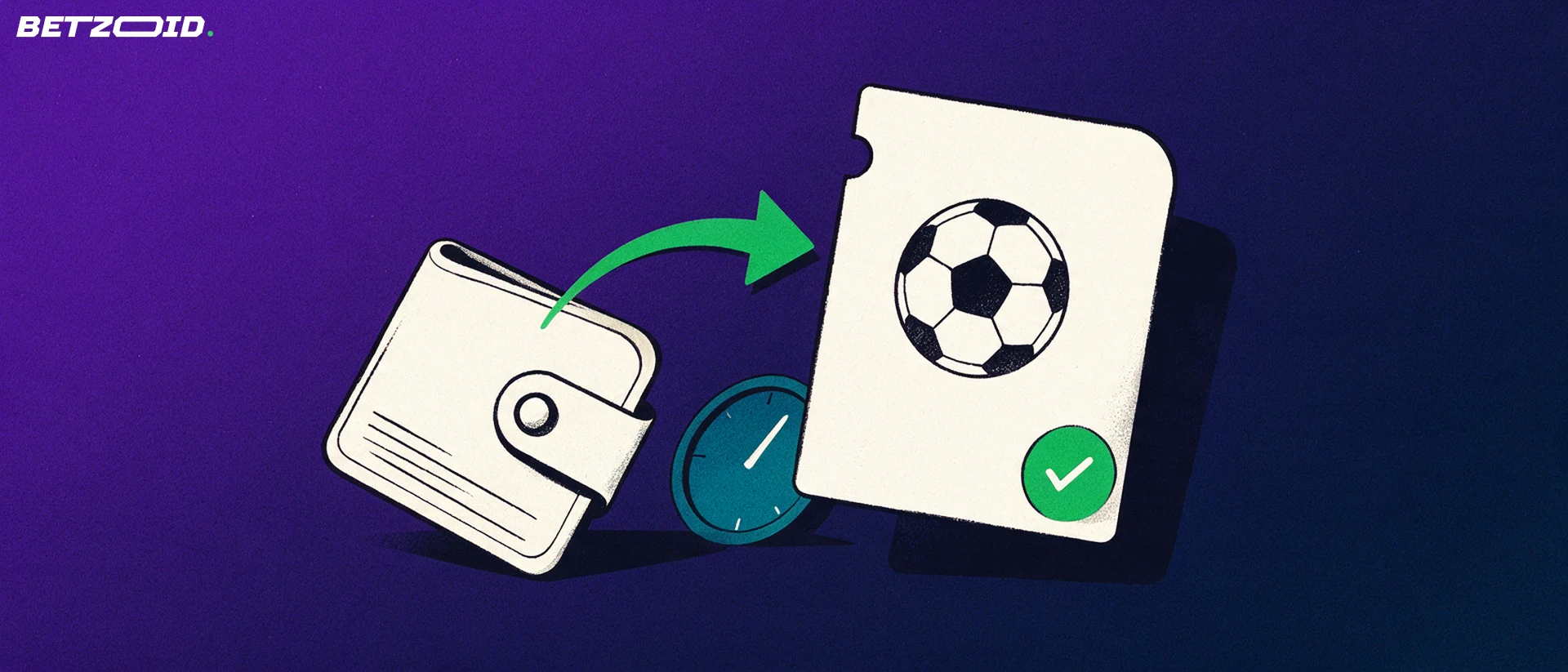 Illustration of a wallet with an arrow flowing into a deposit card marked with a football symbol, beside a clock silhouette