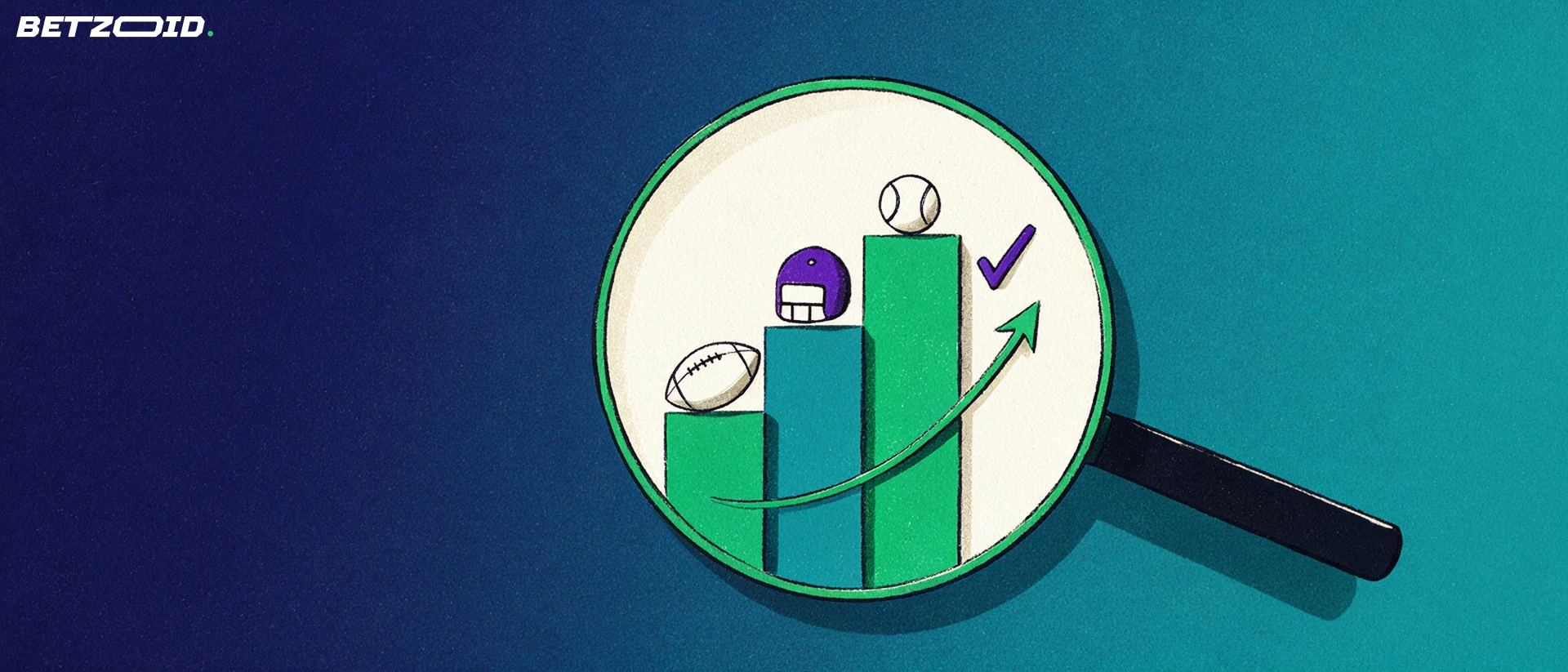 Illustration of a large magnifying glass inspecting a stepped ladder of bars topped with football, jockey helmet and tennis ball tokens beside a rising arrow.