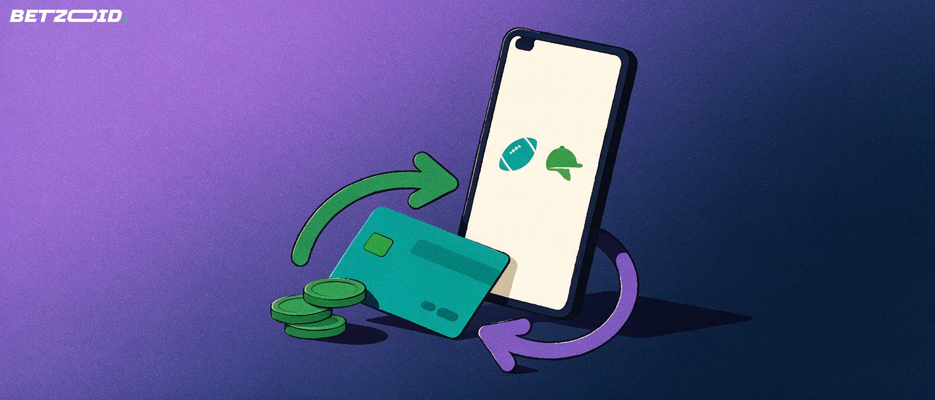 Illustration of a smartphone showing football and jockey helmet symbols, with a bank card, coin stack and two arrows looping in and out.