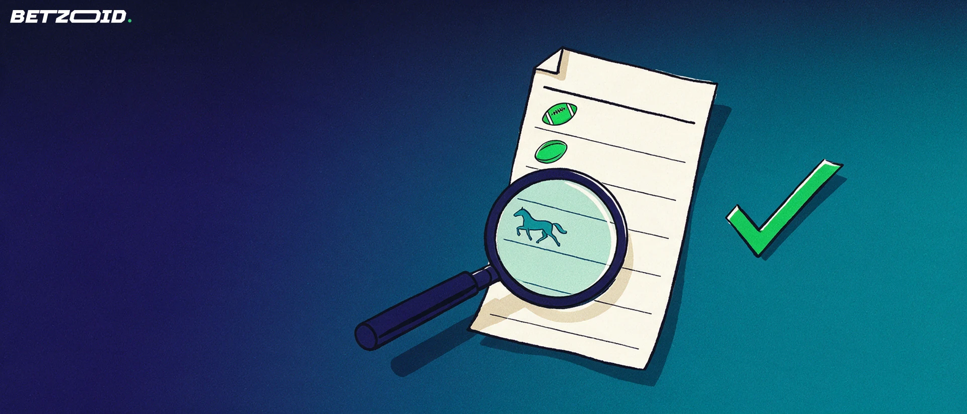 Illustration of a large paper betting slip with football, rugby and horse racing symbols examined through a magnifying glass.