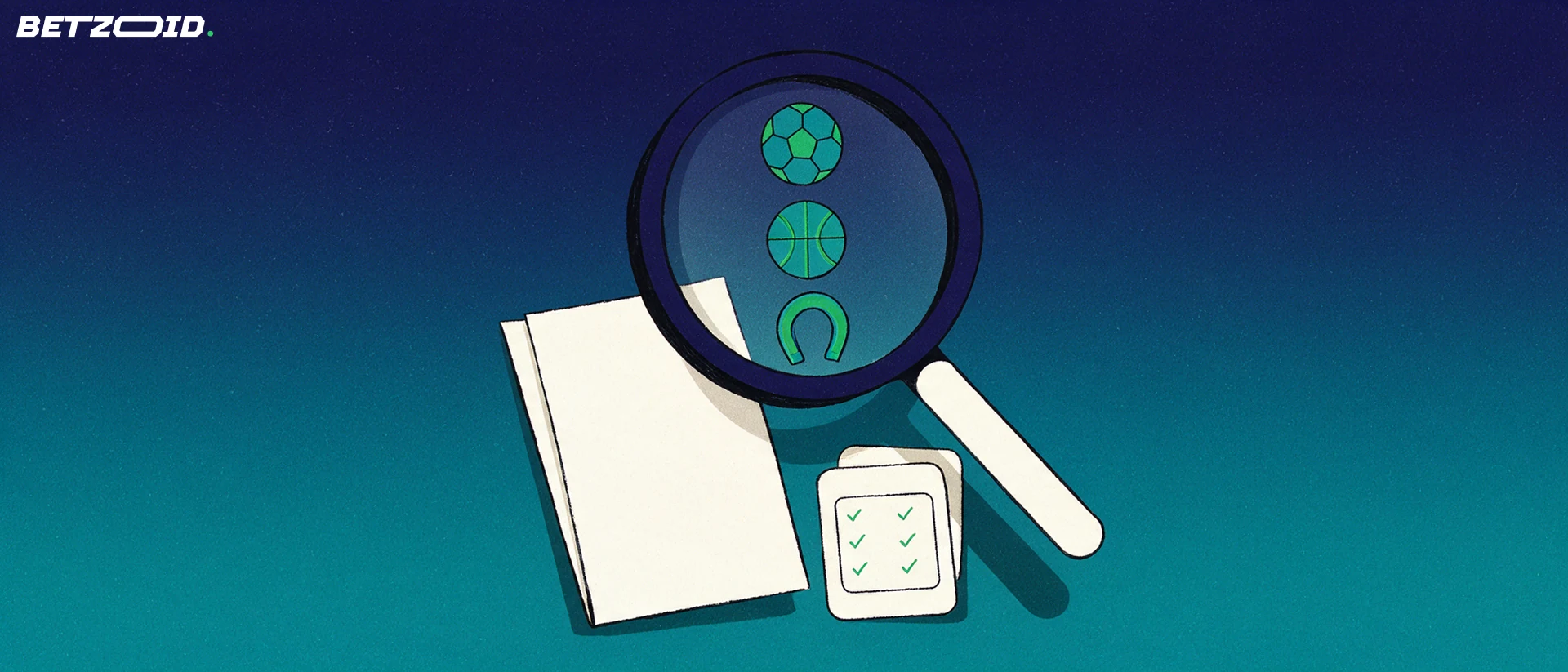Illustration of a magnifying glass over a folded betting slip, enlarging simple sports icons inside the lens