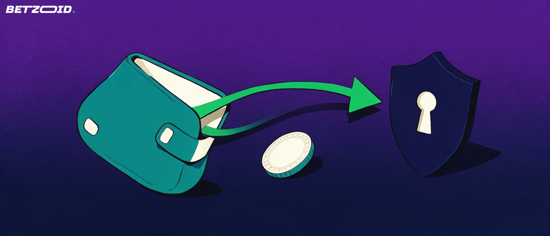 Illustration of a wallet with a green arrow curving toward a shield with a keyhole, beside a plain token