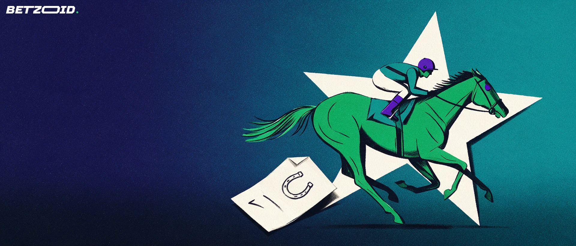 Illustration of a galloping racehorse and jockey in front of a large star, with a folded betting slip showing a horseshoe symbol.