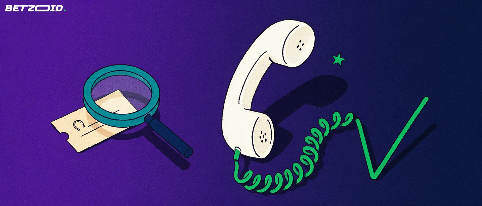 Illustration of a retro telephone handset with a coiled cord forming a tick, beside a magnifying glass inspecting a plain betting coupon.