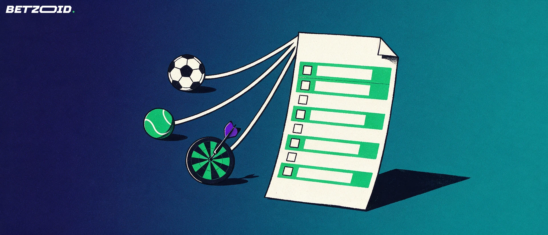 Illustration of a blank betting slip with lines branching to football, tennis and darts symbols on a navy background.