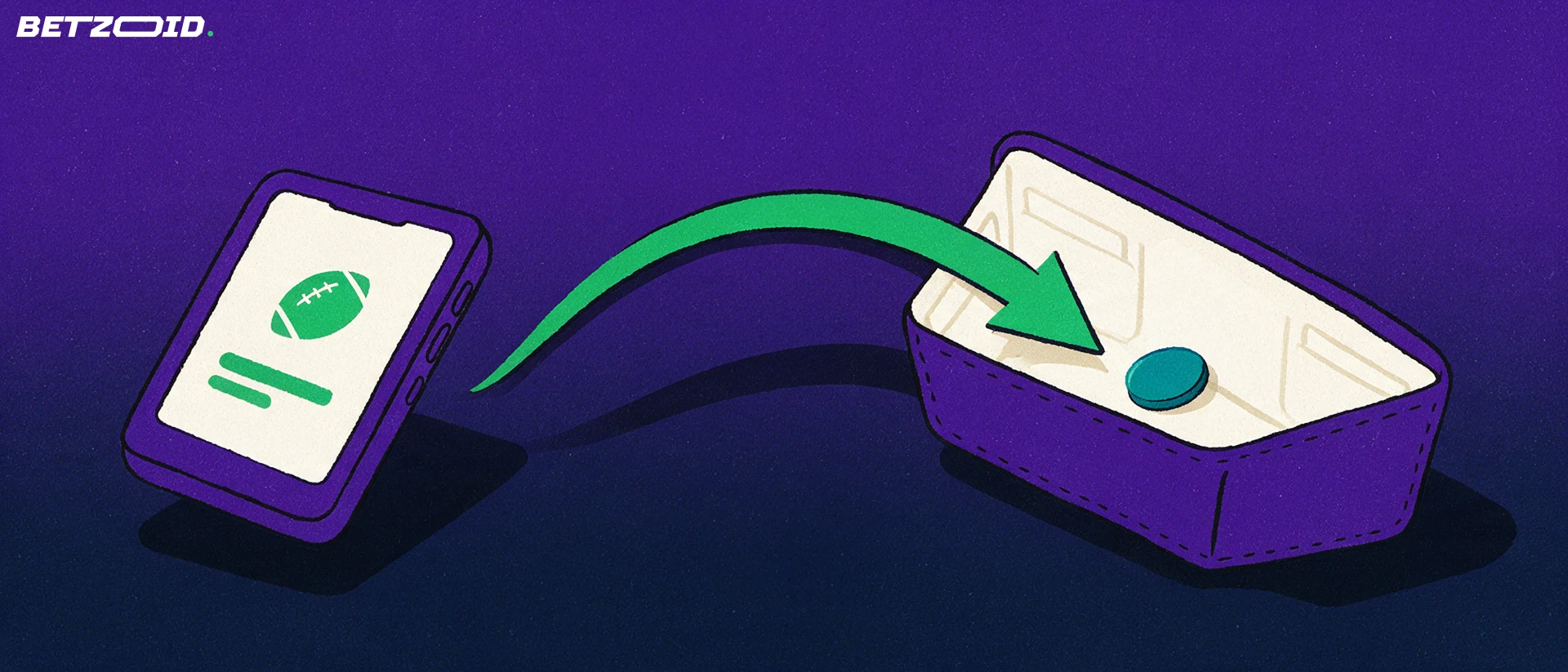 Illustration of a smartphone with a football symbol and a green arrow carrying a coin into an open wallet.