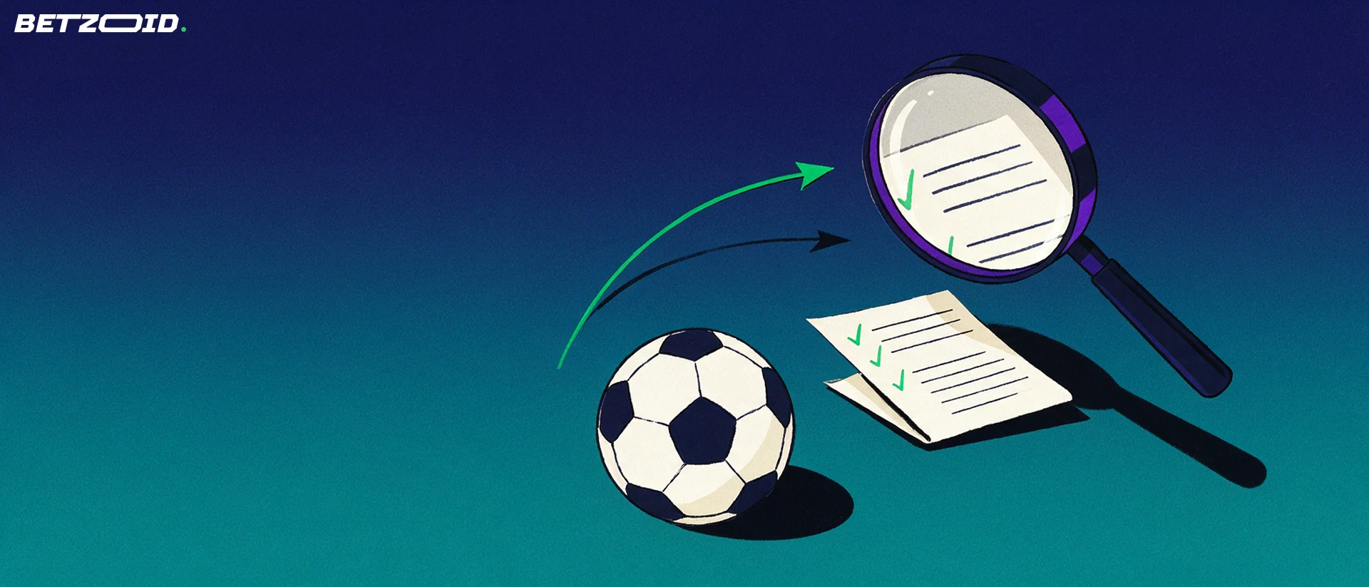 Illustration of a large magnifying glass examining a folded betting slip with tick marks next to a football.