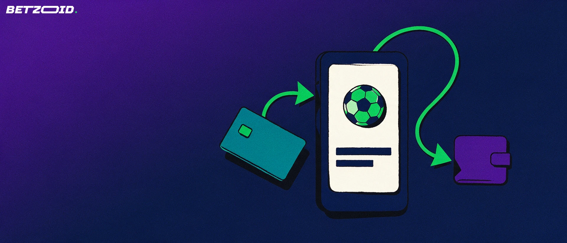 Illustration of a smartphone showing a football symbol beside a plain bank card, with an arrow looping to a wallet.