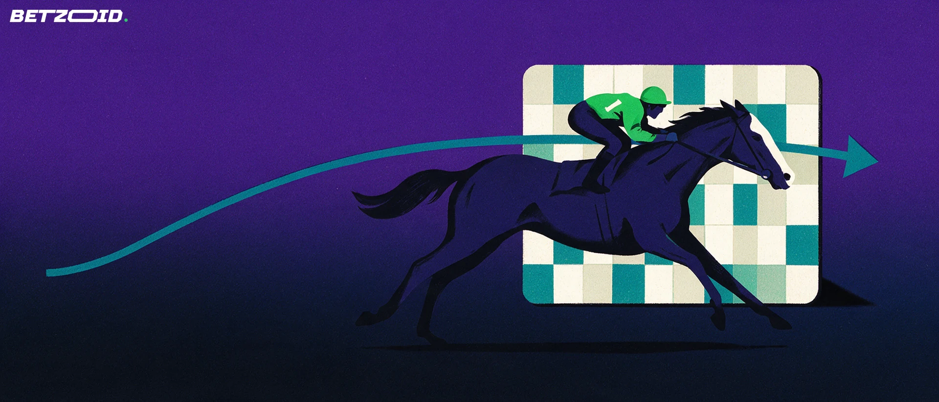 Illustration of a galloping racehorse and jockey in front of a blank tiled odds board with a curved arrow behind them.