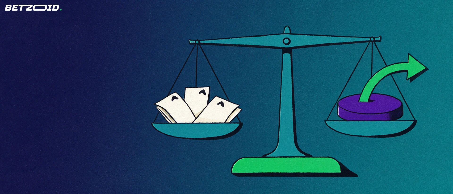 Illustration of a balance scale weighing folded betting slips with horse symbols against a single payout disc with an upward arrow.