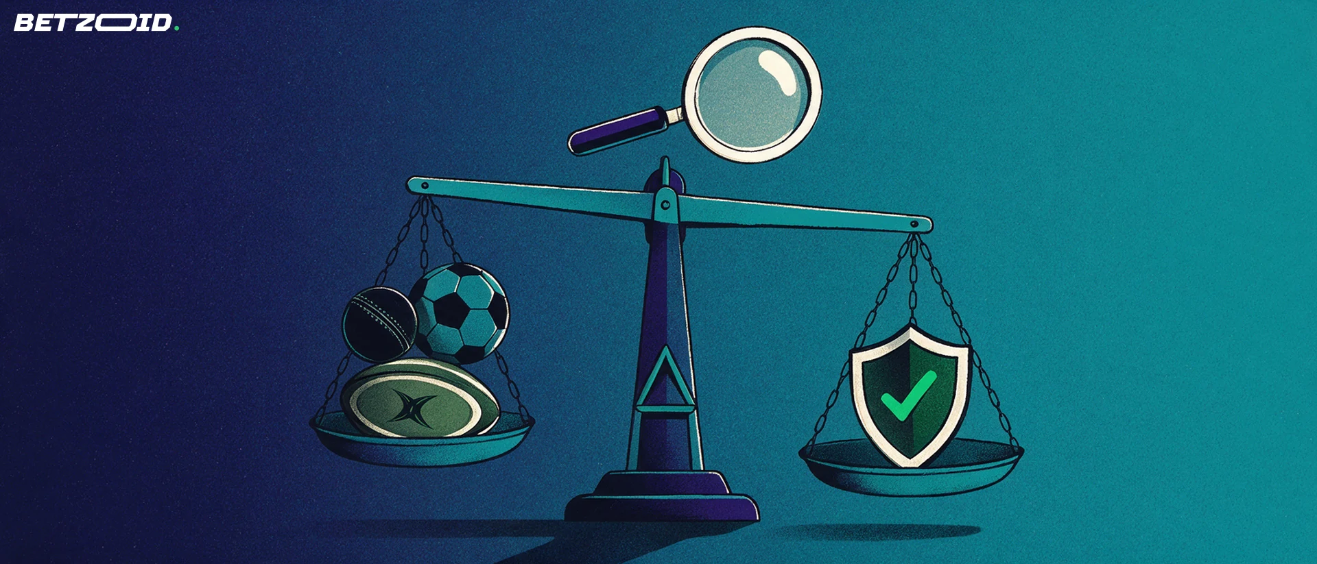 Illustration of a balance scale weighing rugby, cricket and football balls against a green checkmark shield, with a magnifying glass above.