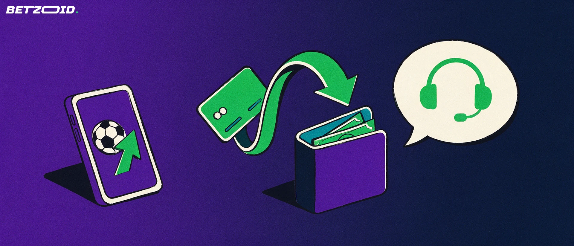 Illustration of a phone with a football icon, a bank card feeding a green arrow into a wallet, and a support speech bubble with a headset.