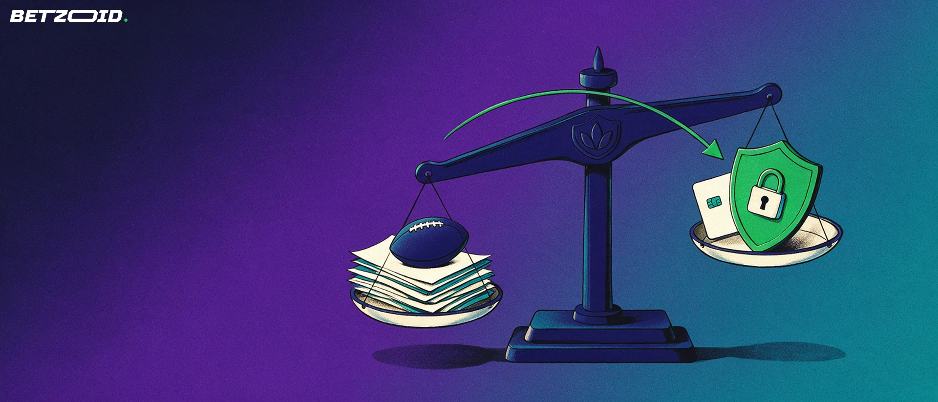 Illustration of a balance scale weighing a stack of betting slips with a football against a shield with a padlock and a bank card.