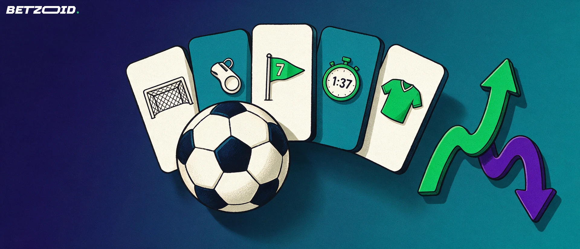 Illustration of a football beside a fan of blank betting selection cards with sport pictograms and two arrows moving up and down.
