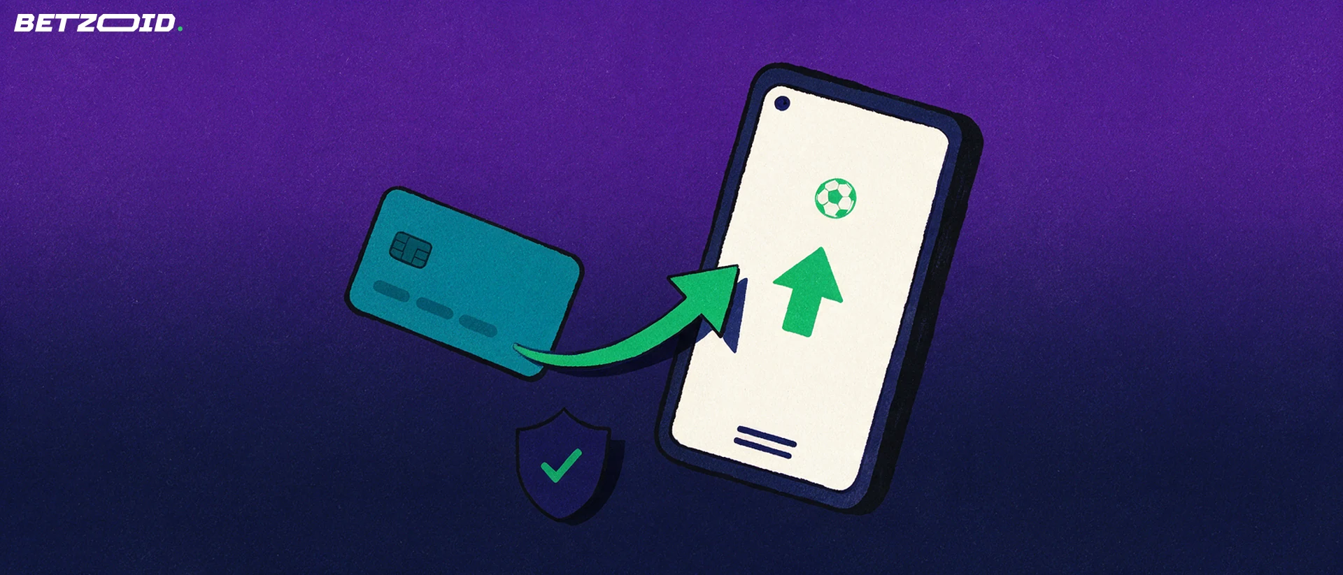 Illustration of a smartphone showing a football symbol, connected by a green arrow to a bank card and a shield with a tick.