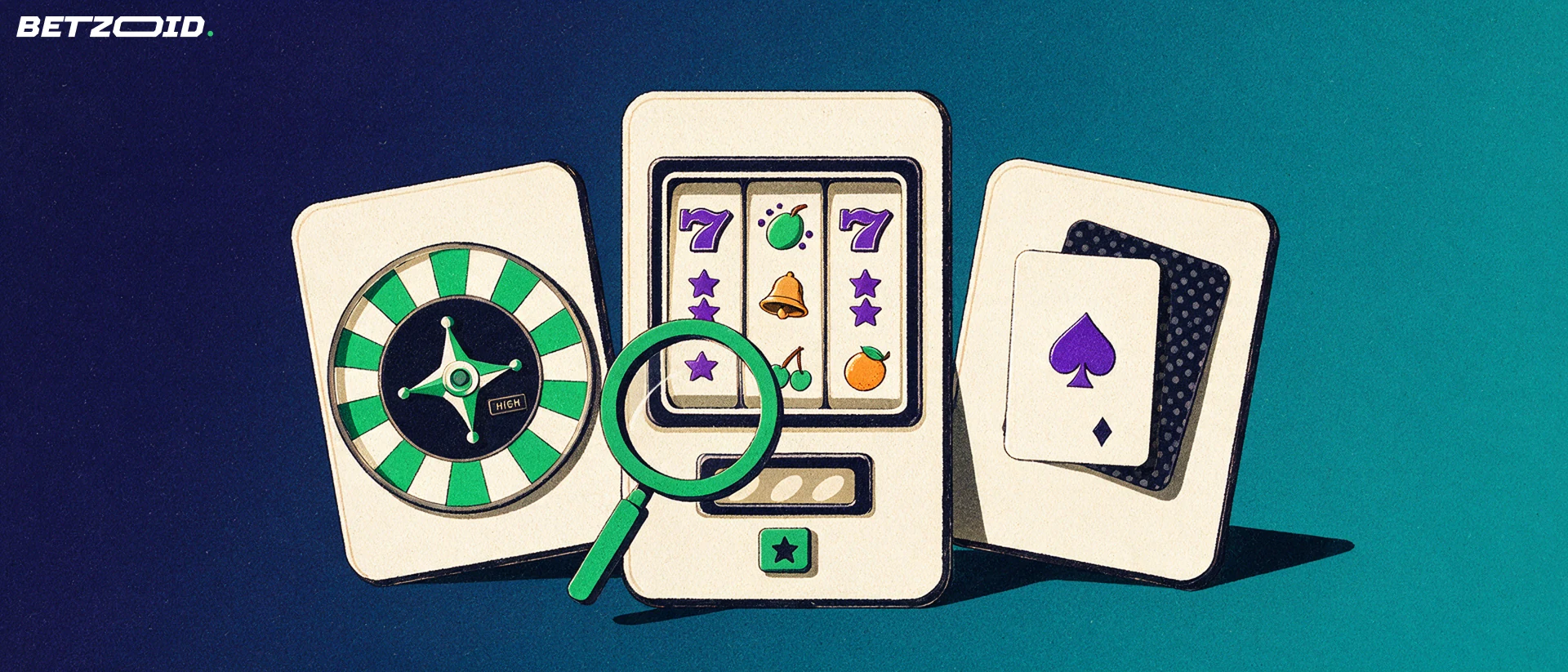 Illustration of three upright casino game panels showing a roulette wheel, slot reels and playing cards, with a magnifying glass over the middle panel