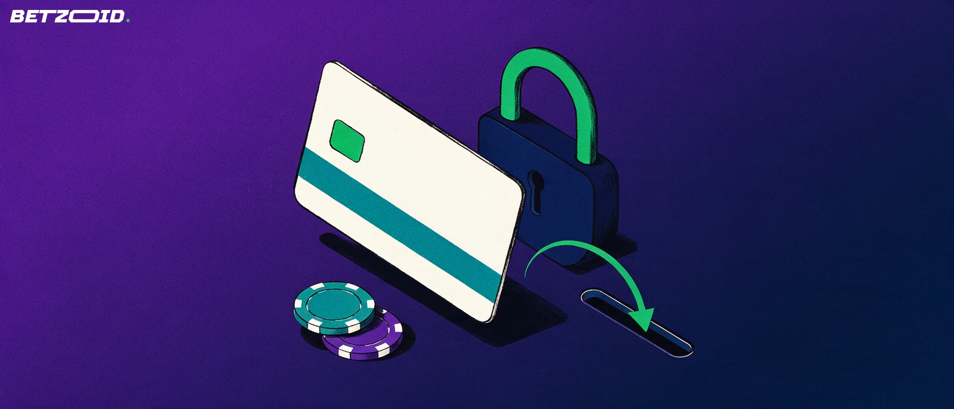 Illustration of an unbranded bank card with a padlock, casino chips and a curved arrow pointing into a deposit slot