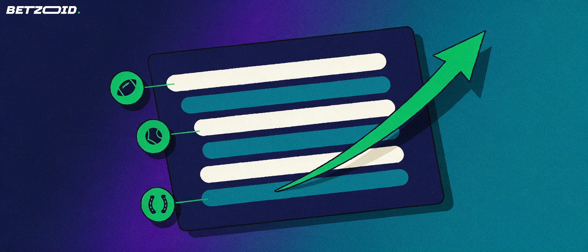 Illustration of a tilted betting market board with blank market rows, football, tennis and horseshoe symbols and a rising arrow.