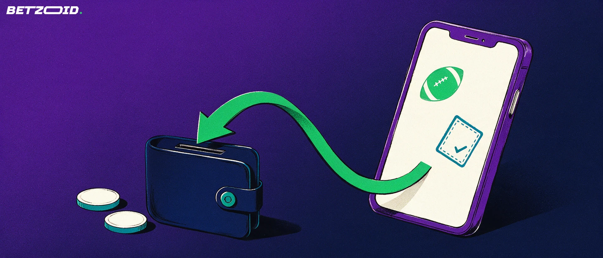 Illustration of a smartphone showing a football and bet-slip tick with a green arrow curving into a wallet-shaped money box beside two plain coins.