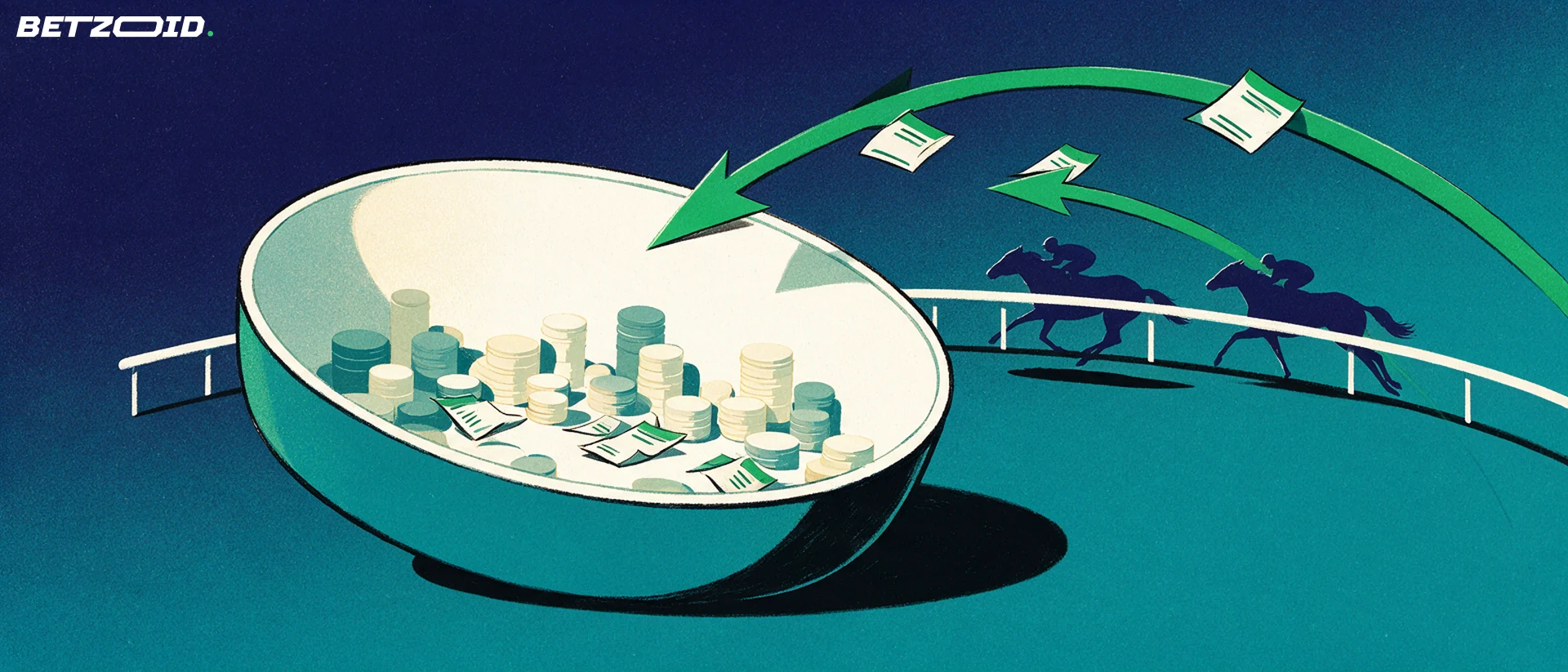 Illustration of betting slips flowing through arrows into one large basin, with silhouettes of racehorses behind it.