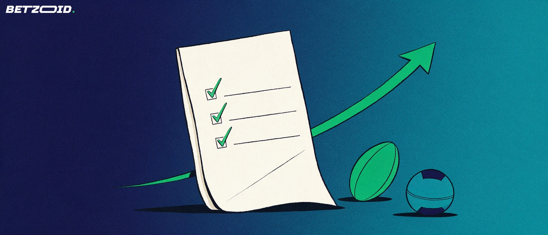Illustration of a large paper betting slip with tick marks beside a rugby ball and a football, with an upward arrow.