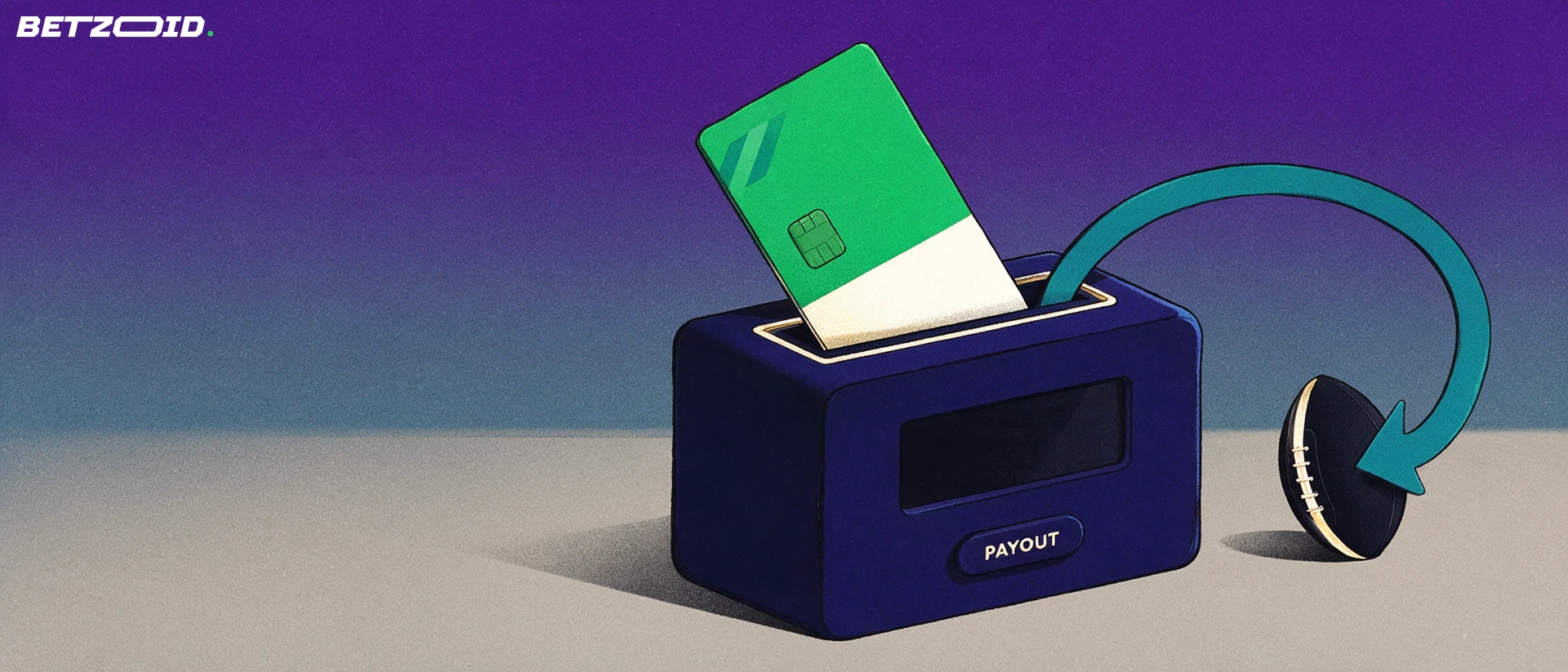 Illustration of a plain payment card entering a slot in a cashier block, with a looping arrow leading to a rugby ball.