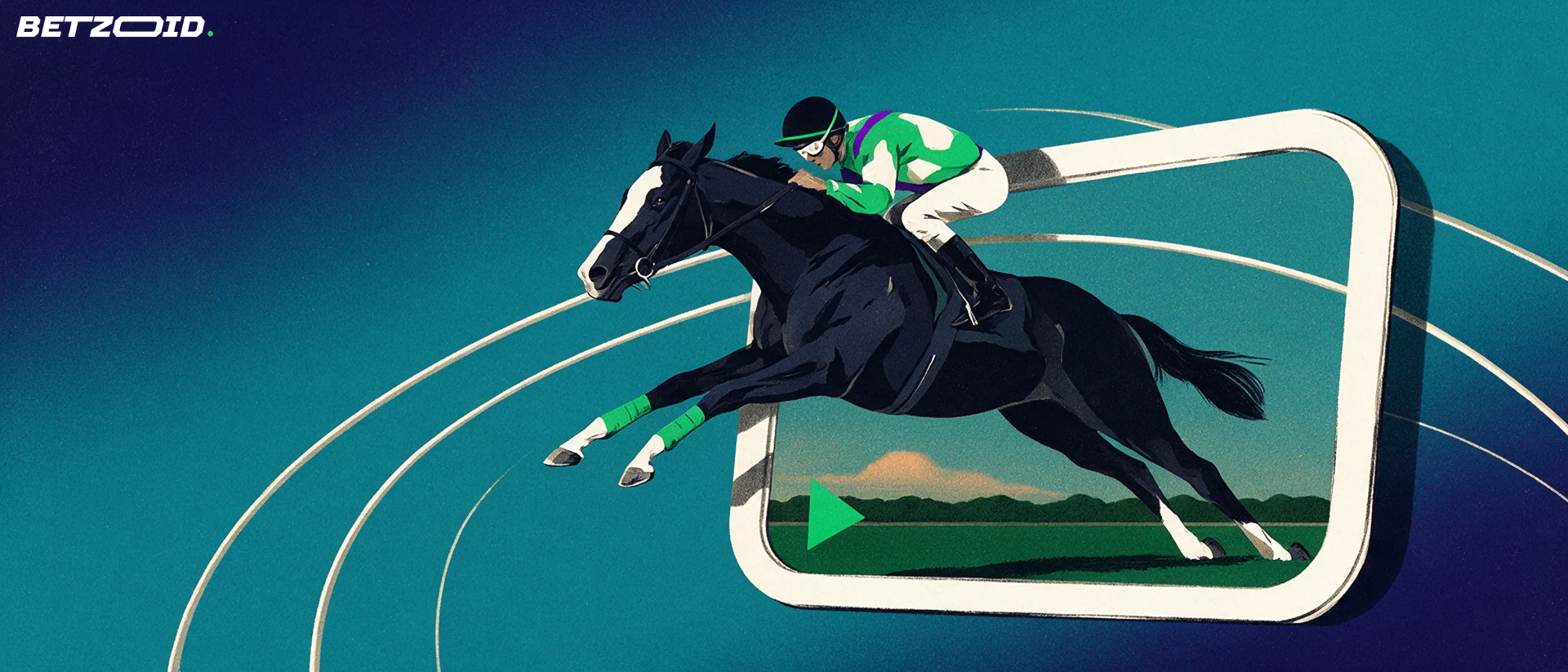 Illustration of a galloping racehorse and jockey leaping out of a rounded screen frame with a play symbol and racecourse rails