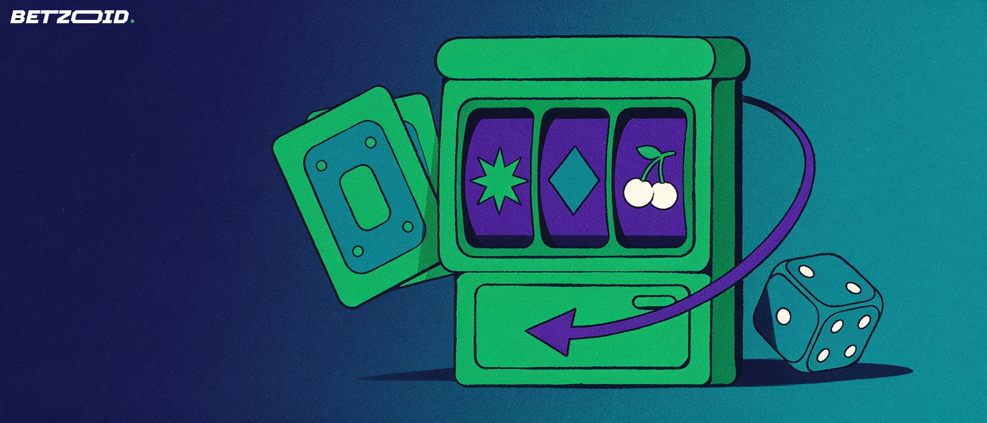 Illustration of a slot machine reel unit with simple star, diamond and cherry symbols beside fanned playing cards and a die.