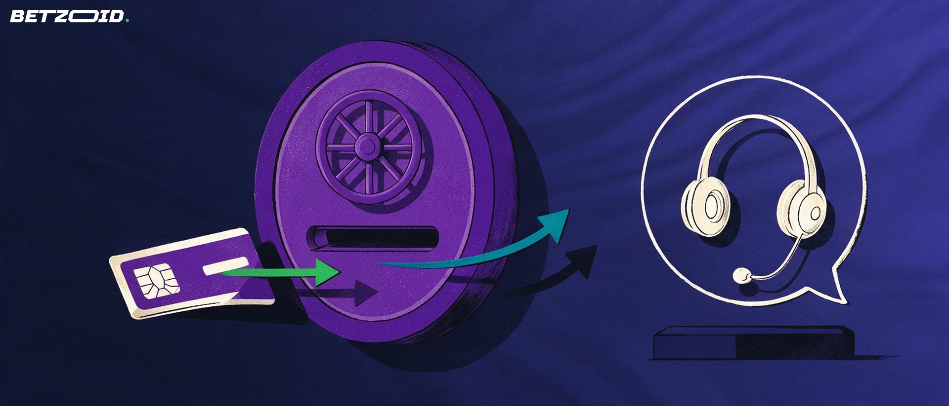 Illustration of a bank card entering a vault slot with two-way arrows beside a support headset and speech bubble.
