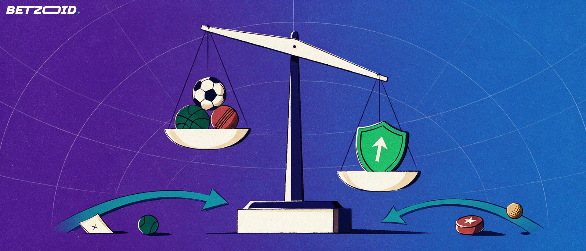 Illustration of a balance scale weighing football, cricket and basketball symbols against a green shield with an upward arrow