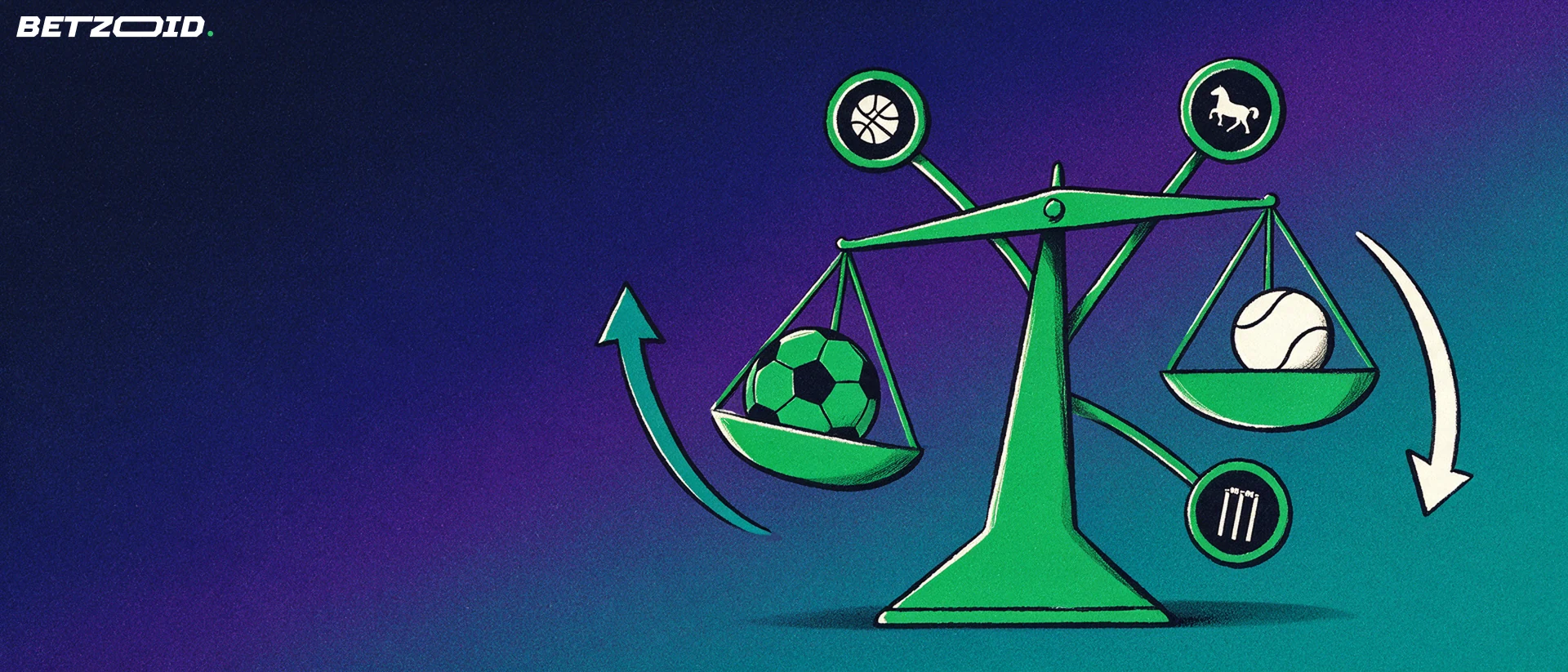 Illustration of a green balance scale weighing a football against a tennis ball, with arrows and small sport symbol tokens on branching lines.