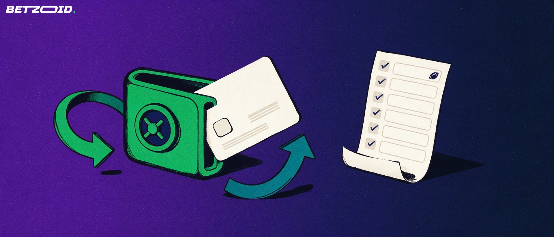 Illustration of a blank payment card sliding into a green wallet vault with inward and outward arrows beside a folded betting slip.