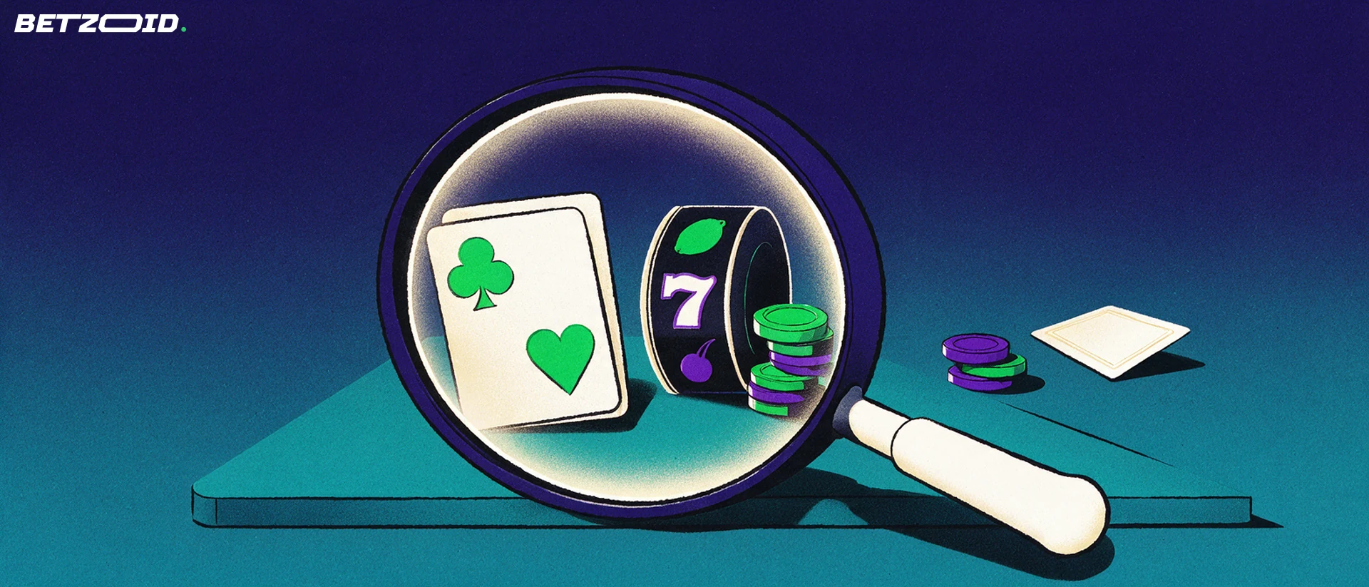 Illustration of a large magnifying glass examining playing cards, a slot reel and casino chips on a platform
