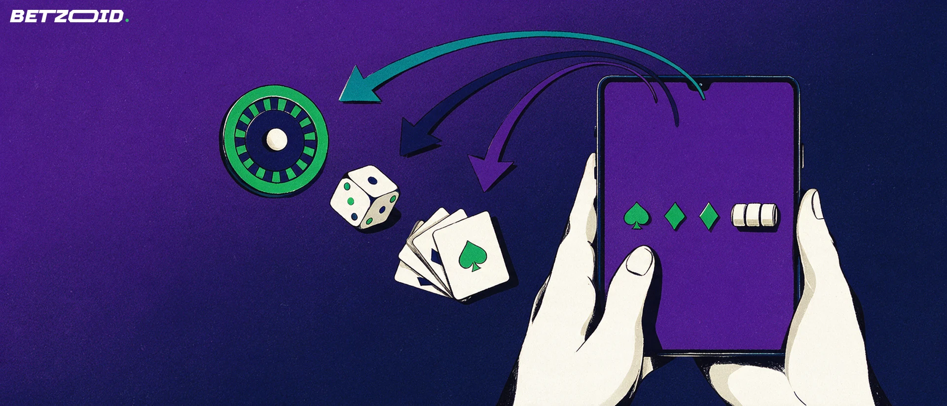 Illustration of hands holding a phone showing plain card and slot symbols, with arrows linking it to a roulette wheel, a die and a card fan