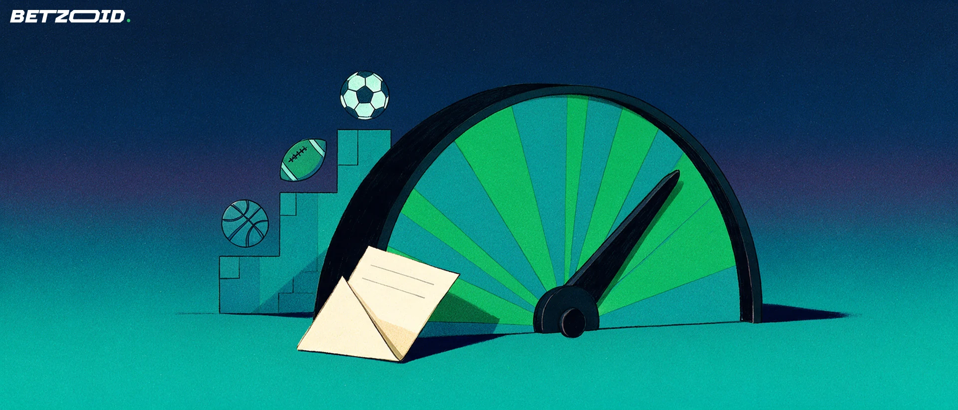 Illustration of a large odds dial with an upward pointer, stepped bars topped by ball symbols and a blank bet slip