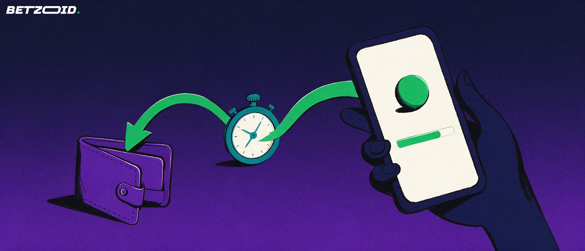 Illustration of a hand holding a phone with a ball symbol while a curved arrow carries a payout into an open wallet