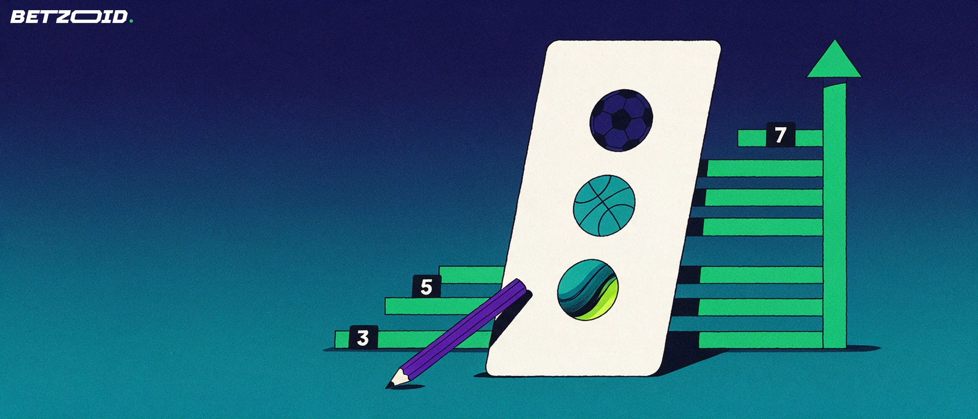 Illustration of a betting slip marked with football, basketball and tennis symbols in front of a rising stepped bar ladder with an upward arrow.