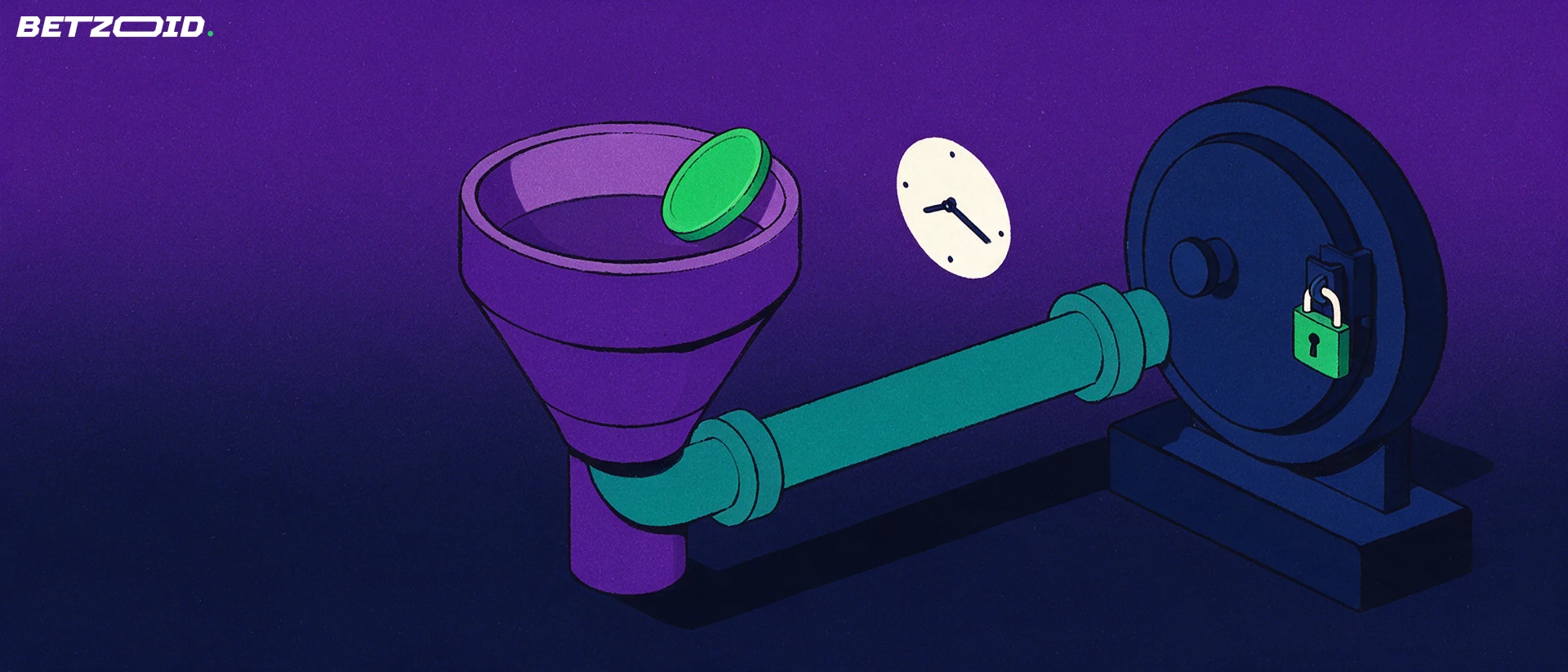 Illustration of a coin passing through a funnel and pipe toward a vault door with an open padlock, beside a simple clock face.