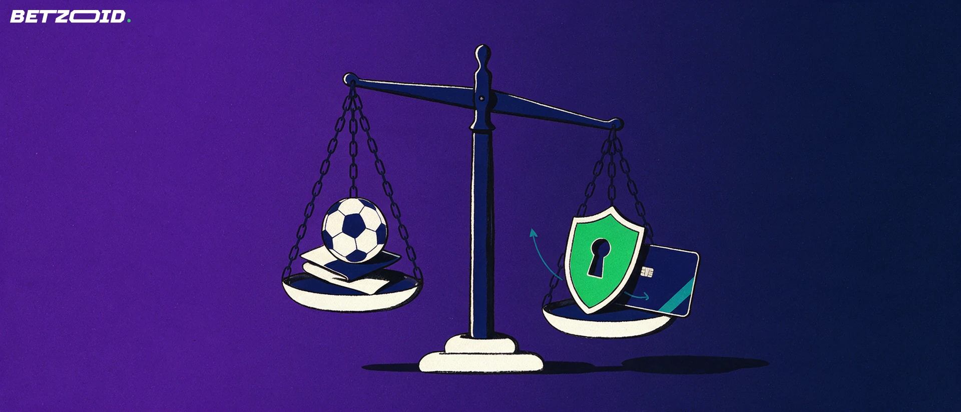 Illustration of a balance scale weighing a stack of sports betting coupons with a soccer ball against a shield with a keyhole and a plain payment card.