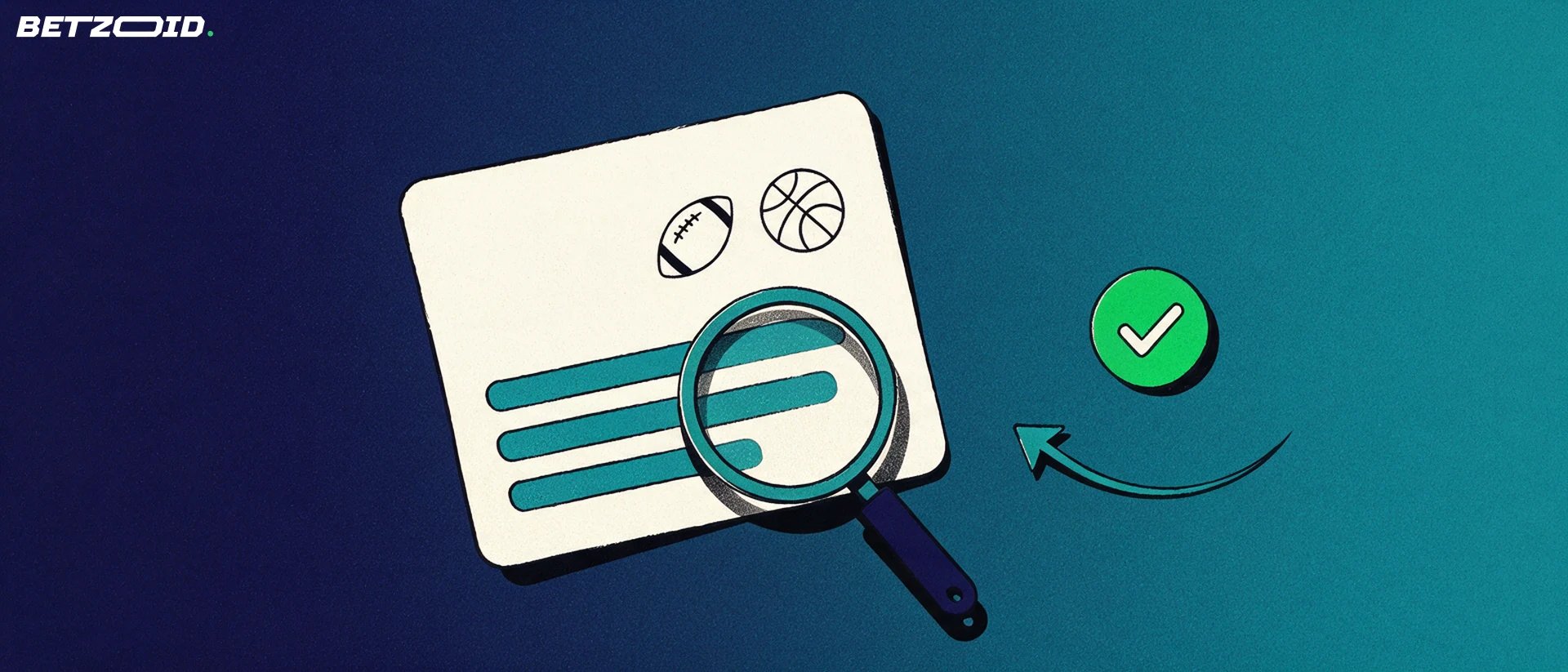 Illustration of a magnifying glass inspecting a plain betting slip marked with football and basketball symbols